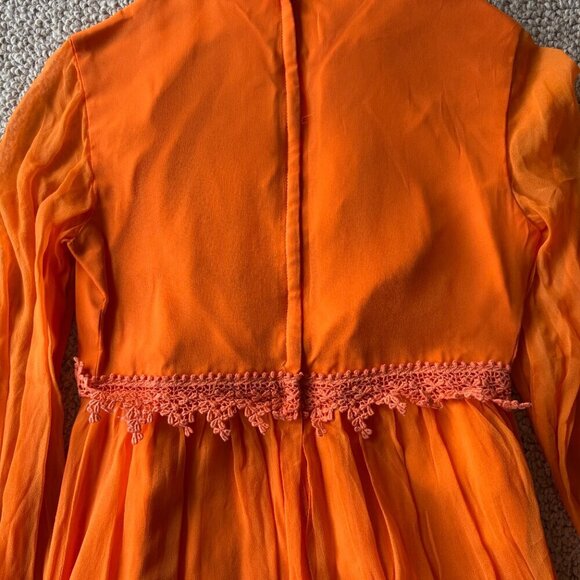 Vintage 1970s Orange Boho Prairie Dress Lace Keyhole Neck – Size S - Picture 13 of 16